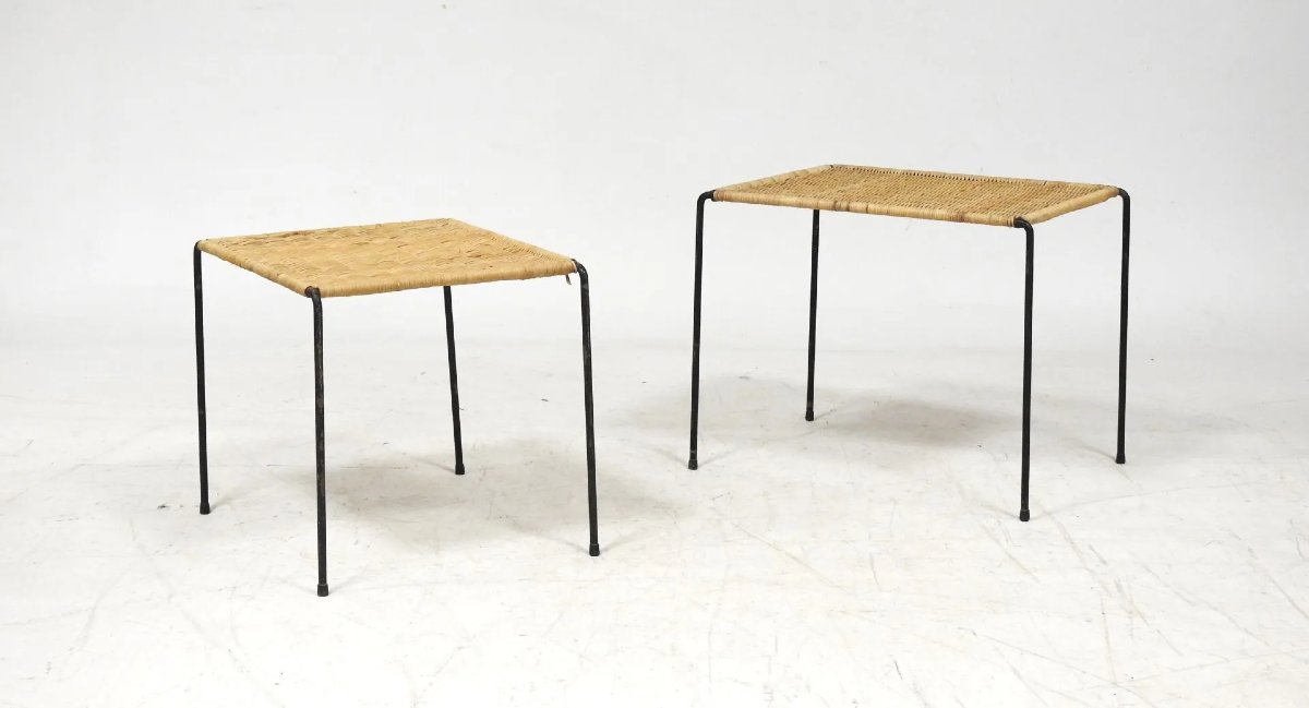 Two Side Tables In Metal And Rattan Circa 1960/1970-photo-1