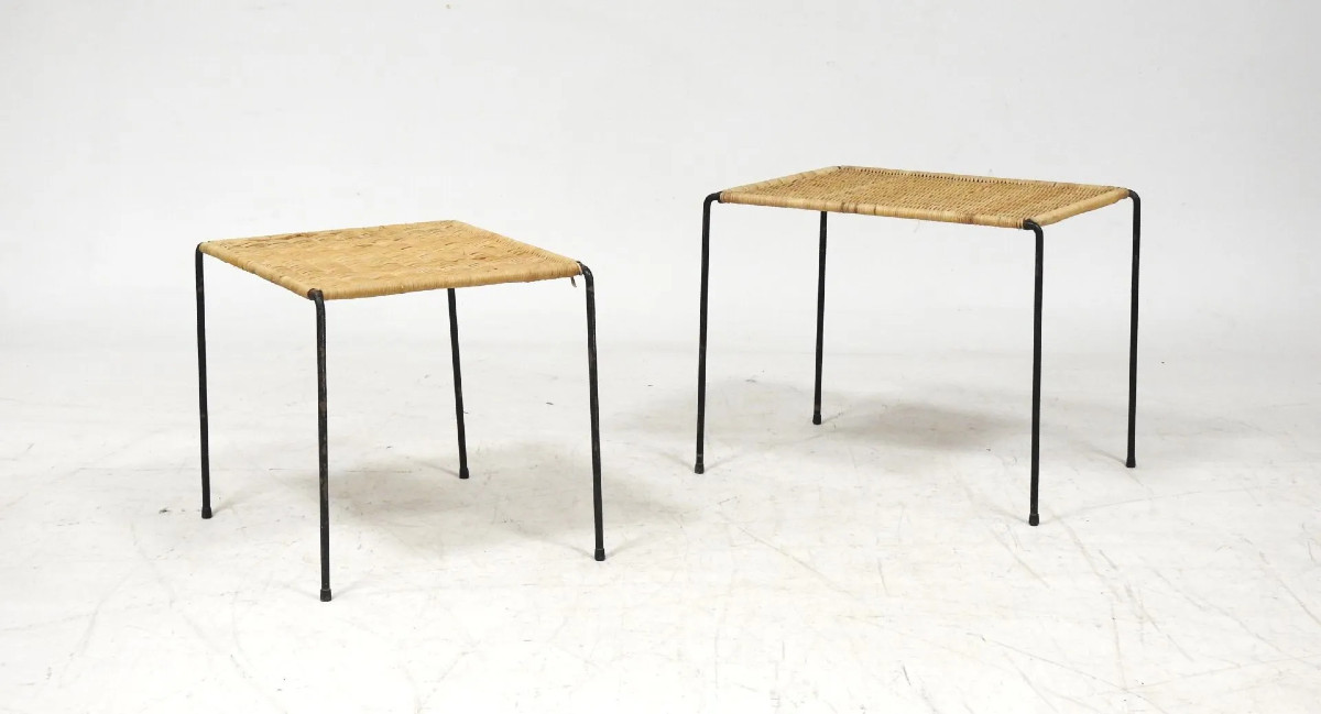 Two Side Tables In Metal And Rattan Circa 1960/1970