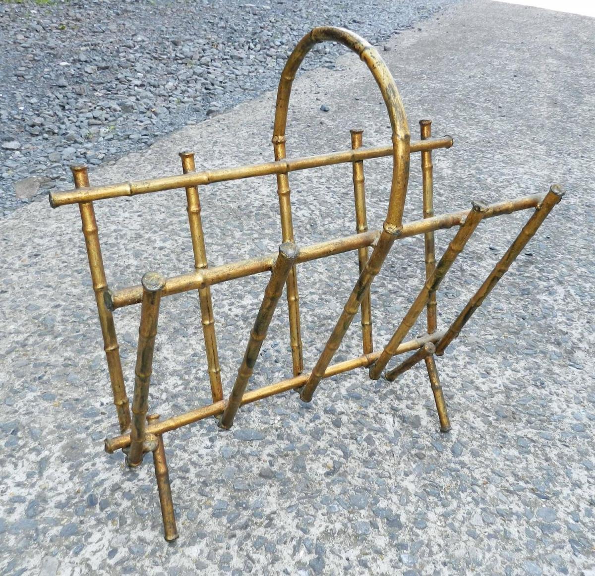 Attributed To Maison Bagues, Gilded Metal Imitation Bamboo Newspaper Stand, 1950-photo-3