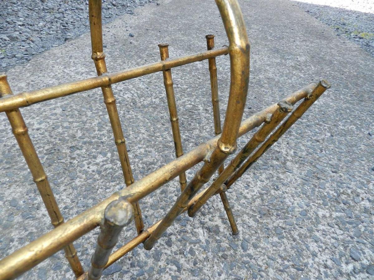 Attributed To Maison Bagues, Gilded Metal Imitation Bamboo Newspaper Stand, 1950-photo-4