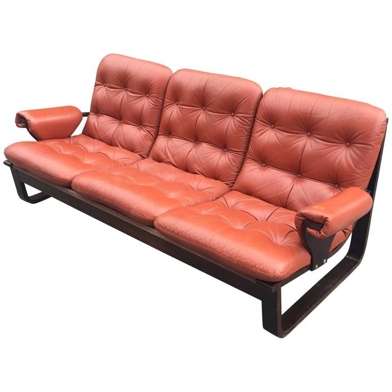 1970 Laminated Wood And Red-orange Leather Sofa, Scandinavian Style-photo-1