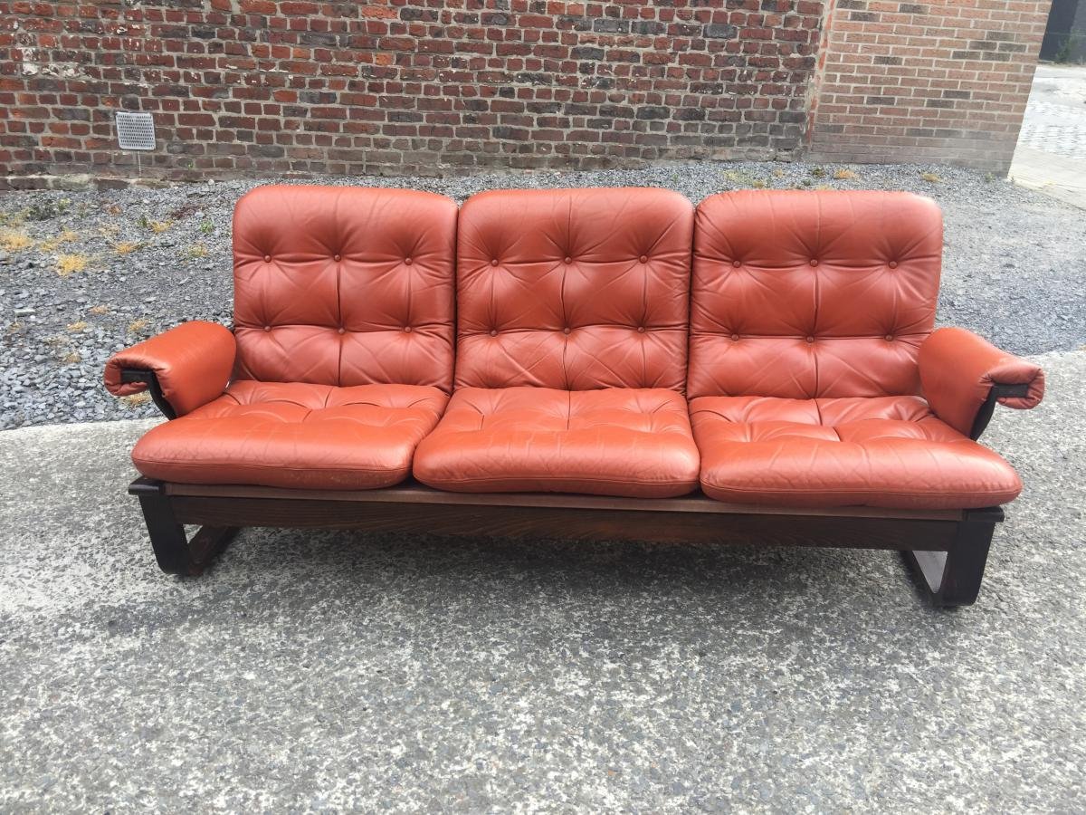 1970 Laminated Wood And Red-orange Leather Sofa, Scandinavian Style-photo-2