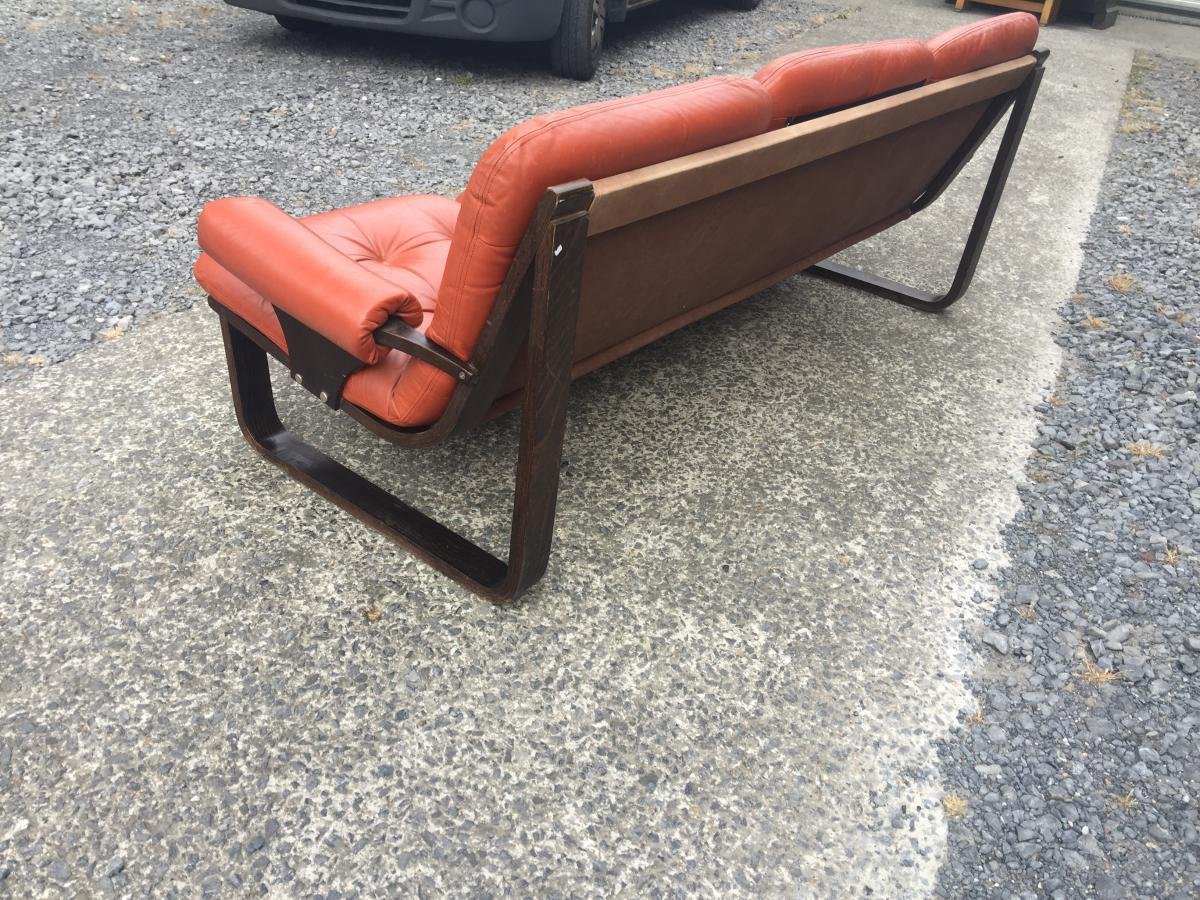 1970 Laminated Wood And Red-orange Leather Sofa, Scandinavian Style-photo-6