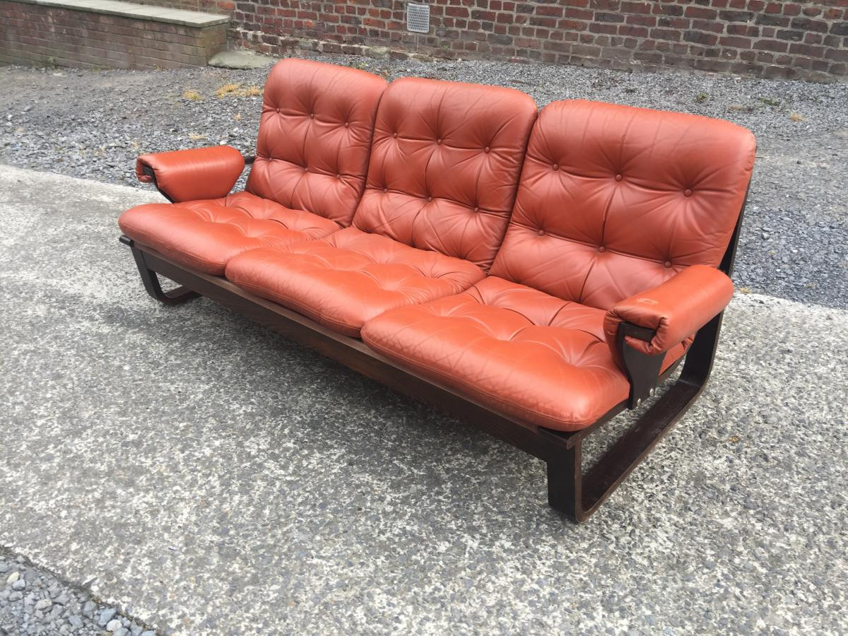 1970 Laminated Wood And Red-orange Leather Sofa, Scandinavian Style