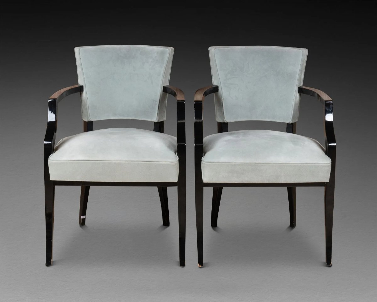 Pair Of Art Deco Armchairs In Black Relacquered Wood, Grey Fabric Circa 1940-photo-2