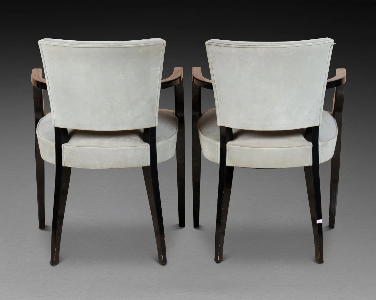 Pair Of Art Deco Armchairs In Black Relacquered Wood, Grey Fabric Circa 1940-photo-3