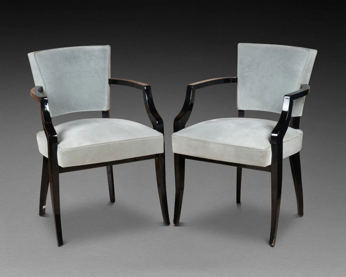 Pair Of Art Deco Armchairs In Black Relacquered Wood, Grey Fabric Circa 1940