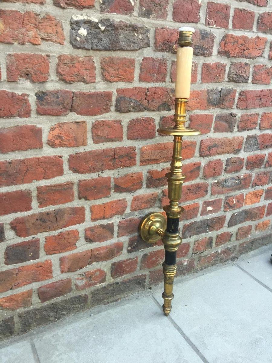 Paire d'appliques néo classique en bronze et laiton circa 1950 abat-jour d'origine -photo-7