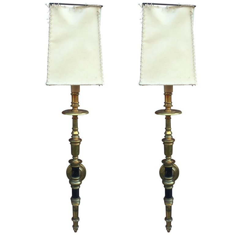 Paire d'appliques néo classique en bronze et laiton circa 1950 abat-jour d'origine 
