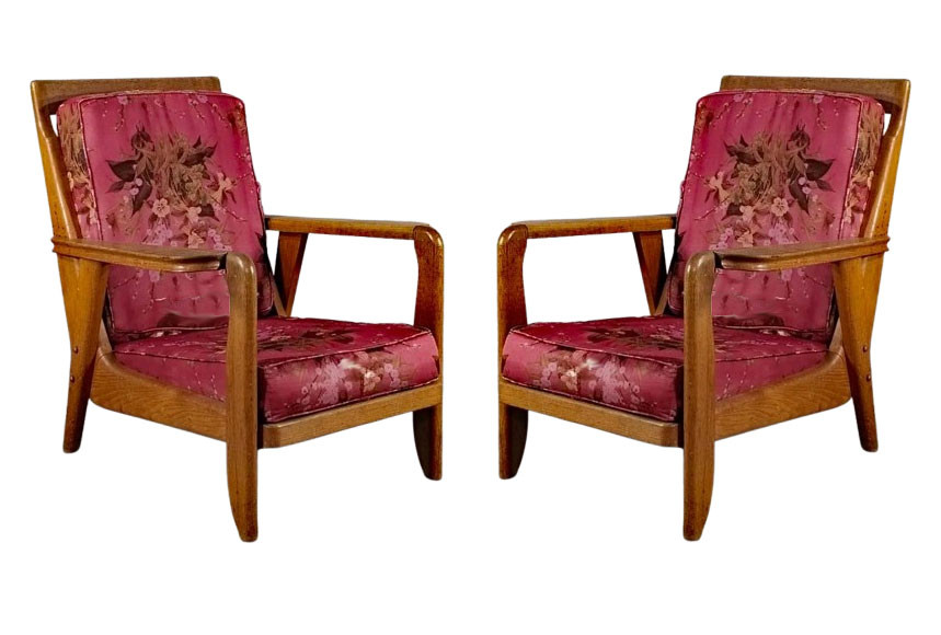 Guillerme et Chambron , Paire de fauteuils en chêne  Edition Votre Maison circa 1950