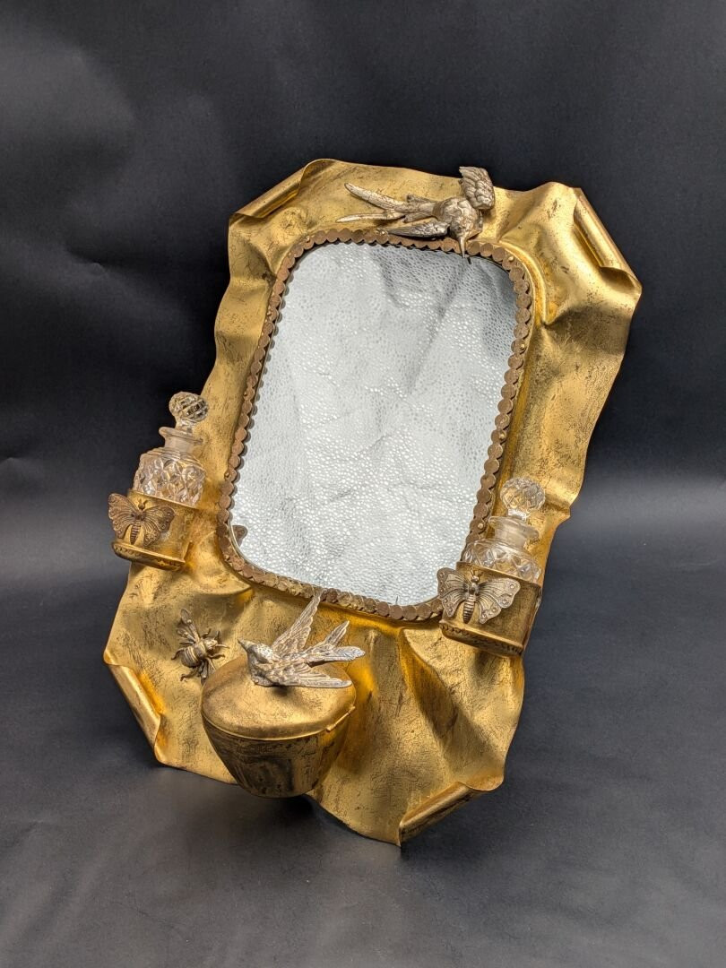 Folk Art Work, Dressing Table Mirror In Gilded Metal, Decorated With Birds And Butterflies-photo-2