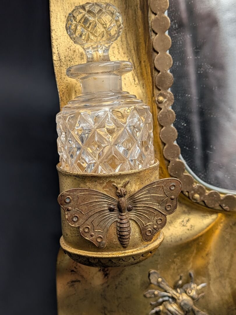 Folk Art Work, Dressing Table Mirror In Gilded Metal, Decorated With Birds And Butterflies-photo-4