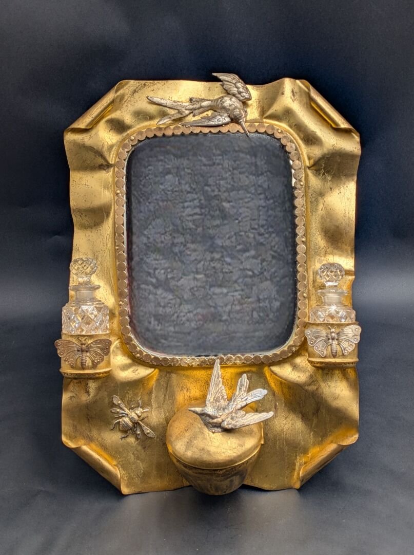 Folk Art Work, Dressing Table Mirror In Gilded Metal, Decorated With Birds And Butterflies-photo-3