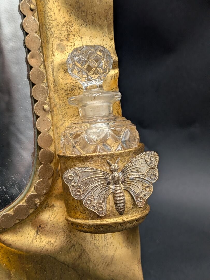 Folk Art Work, Dressing Table Mirror In Gilded Metal, Decorated With Birds And Butterflies-photo-4