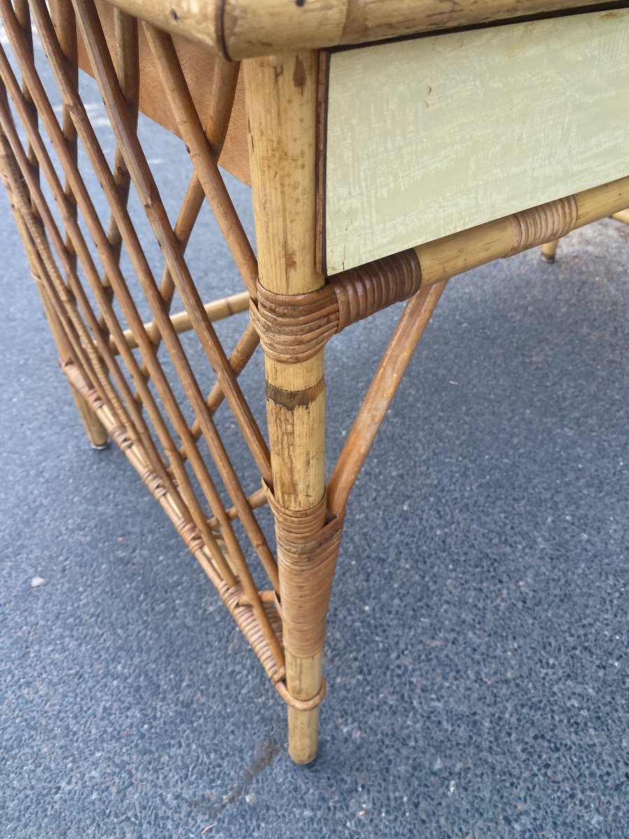 1960s Design: Checkered Rattan Desk With Bamboo Legs And A Formica Top In The Royere Style-photo-2
