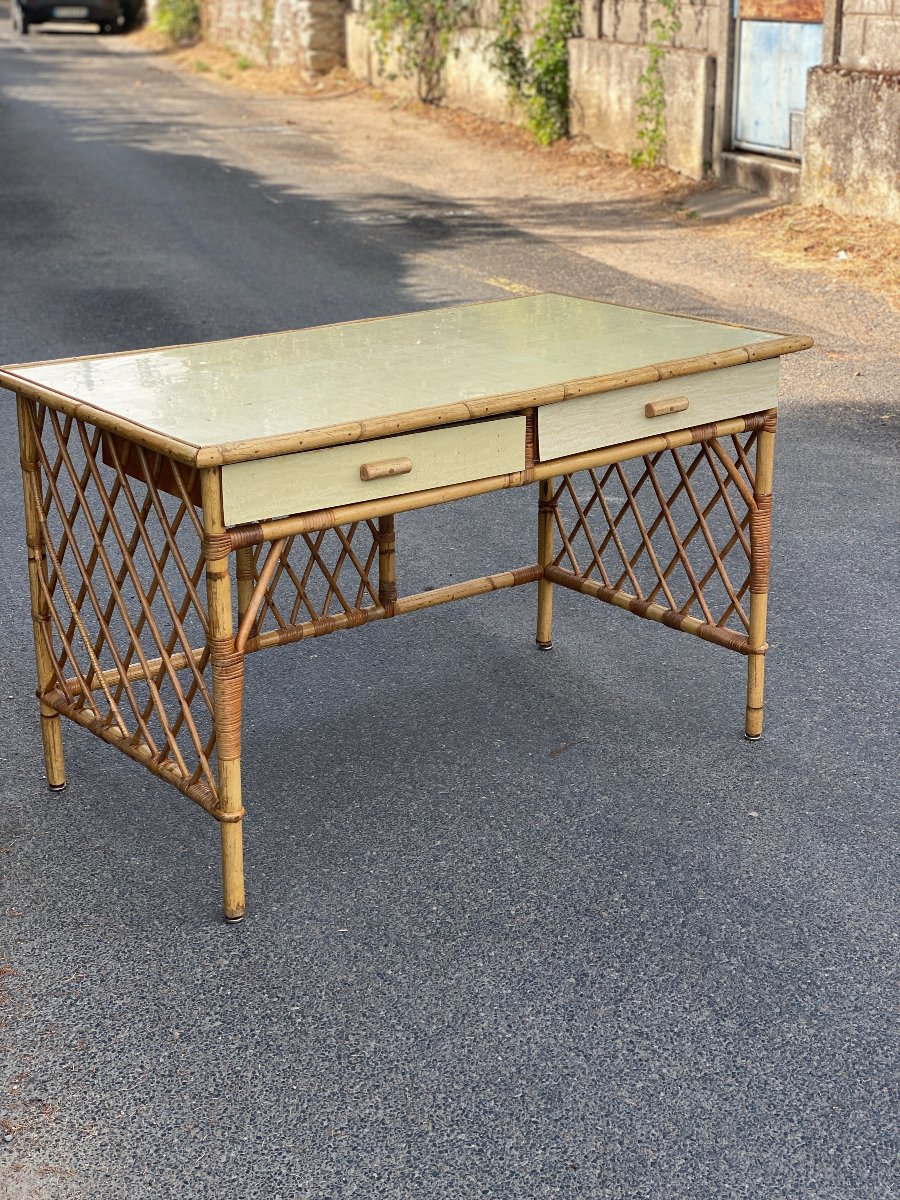 1960s Design: Checkered Rattan Desk With Bamboo Legs And A Formica Top In The Royere Style-photo-3