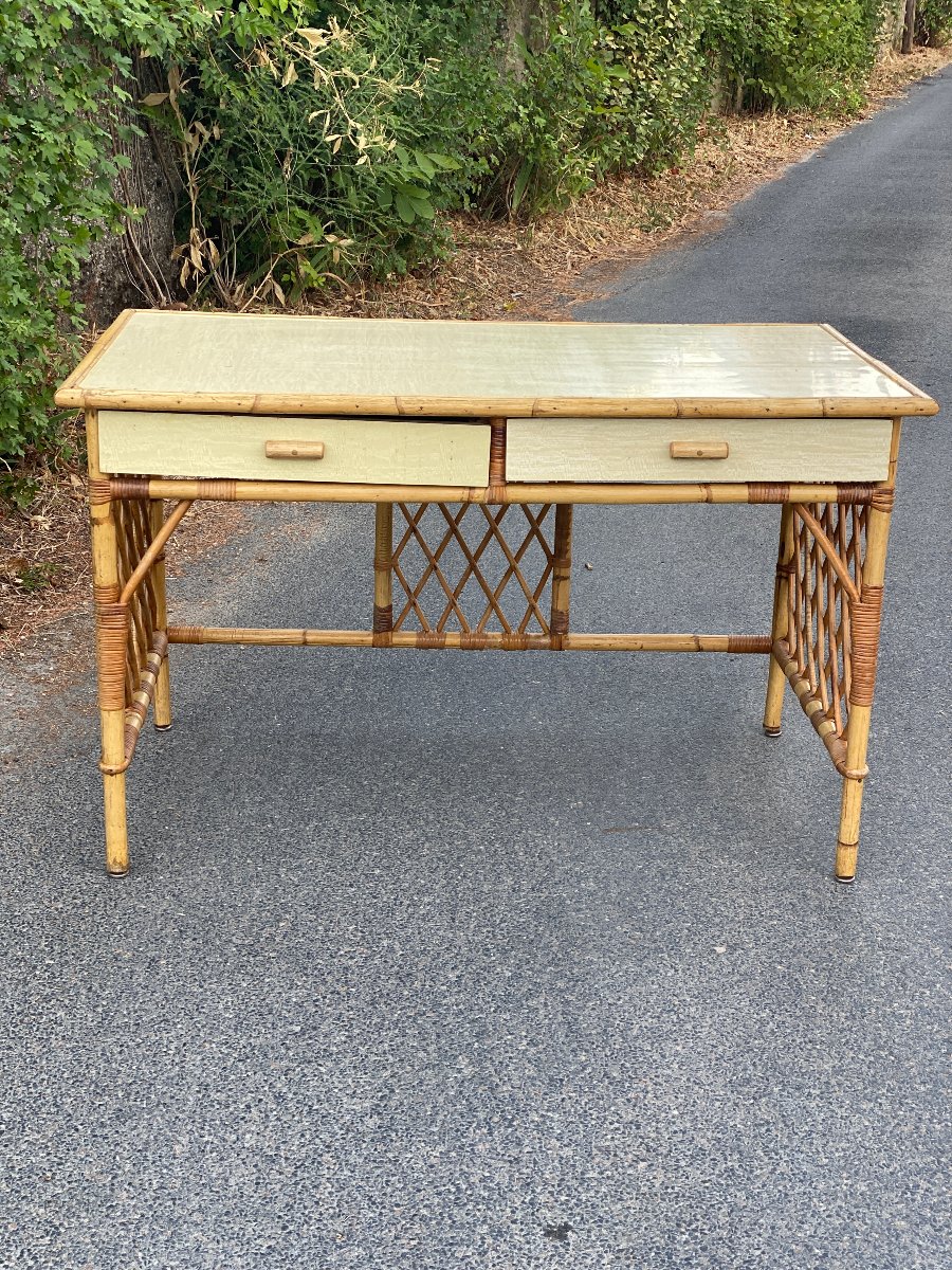 1960s Design: Checkered Rattan Desk With Bamboo Legs And A Formica Top In The Royere Style-photo-4