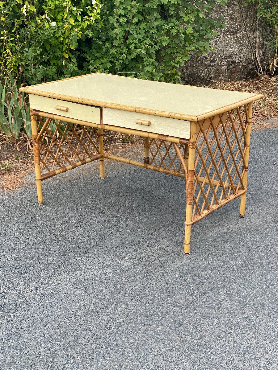 1960s Design: Checkered Rattan Desk With Bamboo Legs And A Formica Top In The Royere Style-photo-1