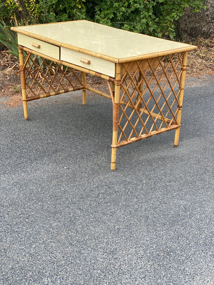 1960s Design: Checkered Rattan Desk With Bamboo Legs And A Formica Top In The Royere Style-photo-3