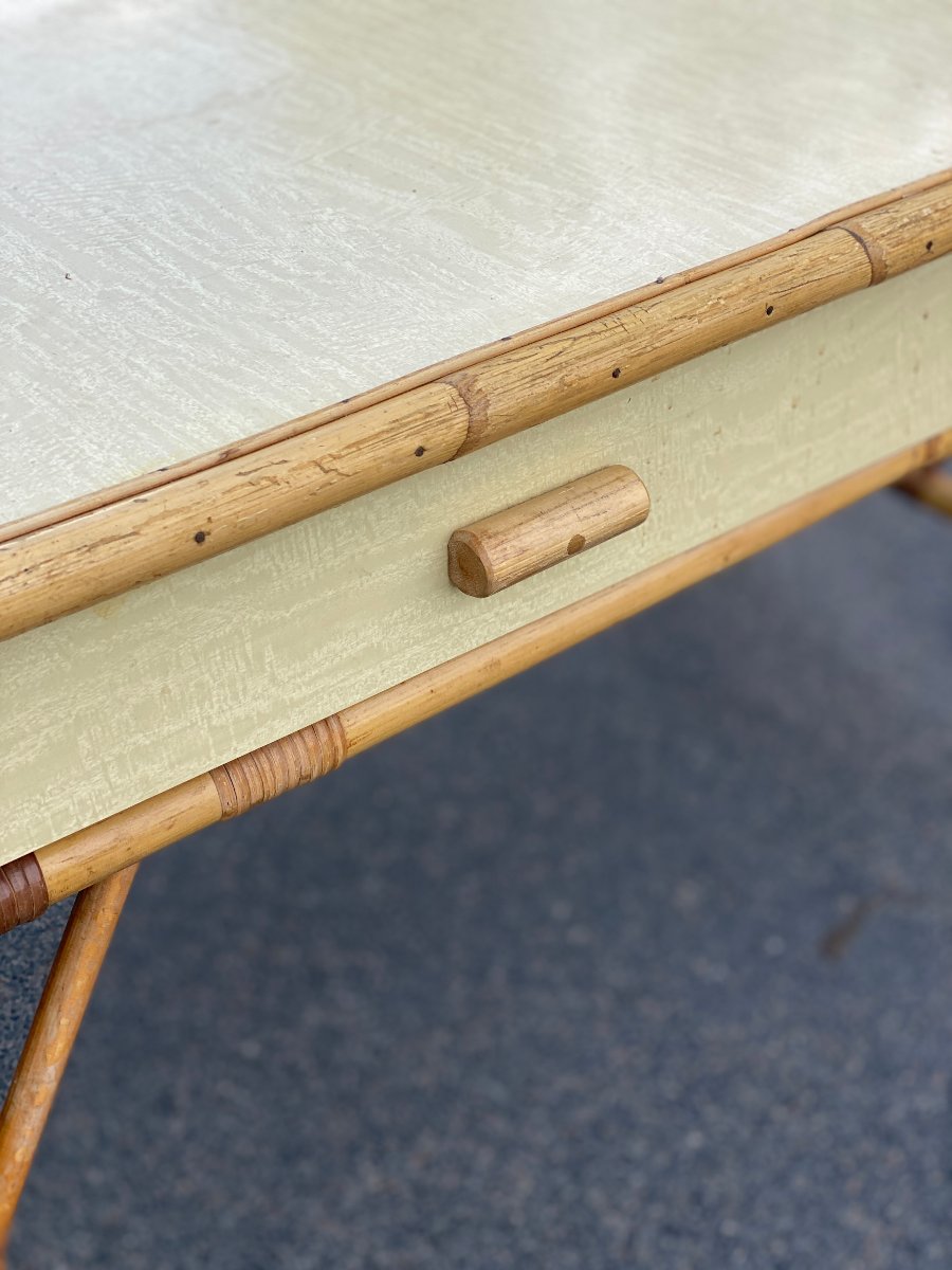 1960s Design: Checkered Rattan Desk With Bamboo Legs And A Formica Top In The Royere Style-photo-4