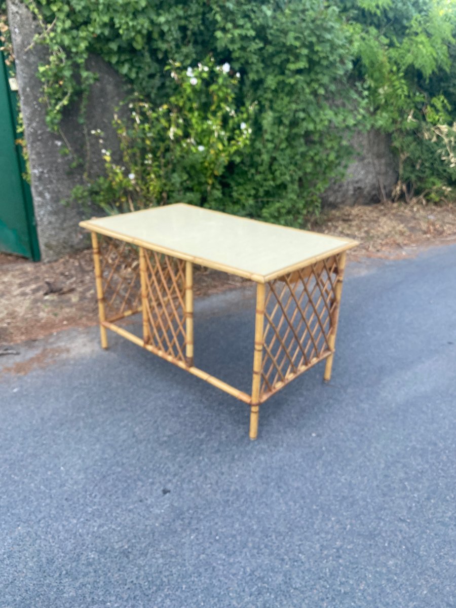 1960s Design: Checkered Rattan Desk With Bamboo Legs And A Formica Top In The Royere Style-photo-5
