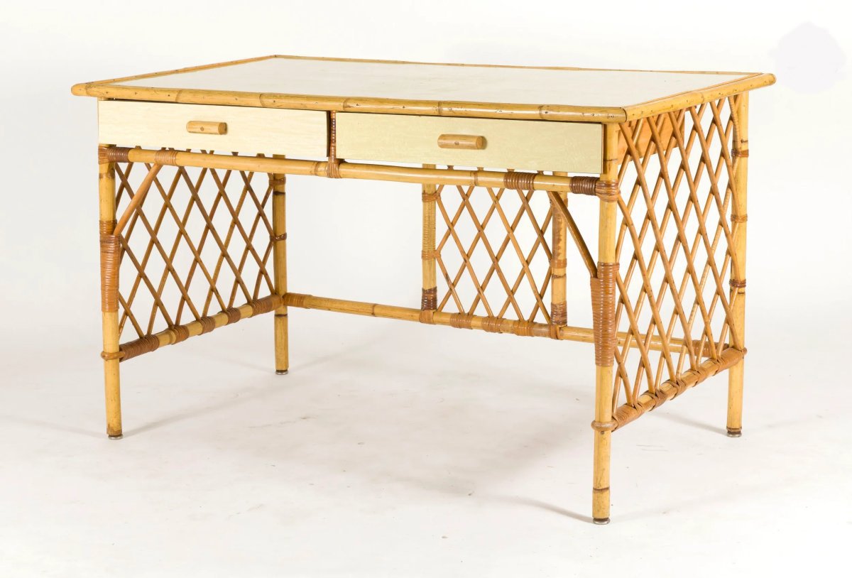 1960s Design: Checkered Rattan Desk With Bamboo Legs And A Formica Top In The Royere Style