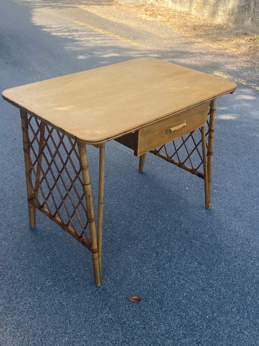 1960s Design: Rattan And Bamboo Desk With A Wooden Top That Opens Via A Drawer -photo-2