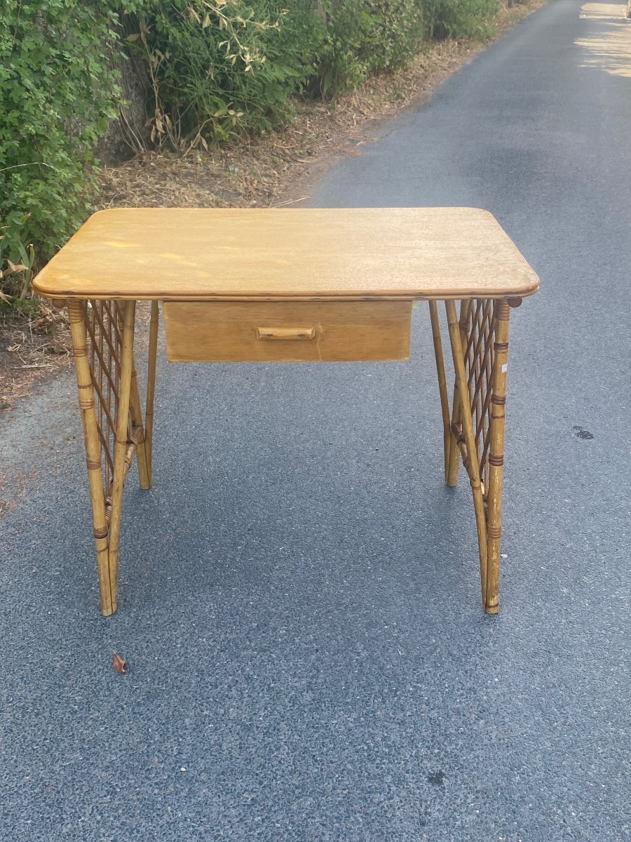 1960s Design: Rattan And Bamboo Desk With A Wooden Top That Opens Via A Drawer -photo-3
