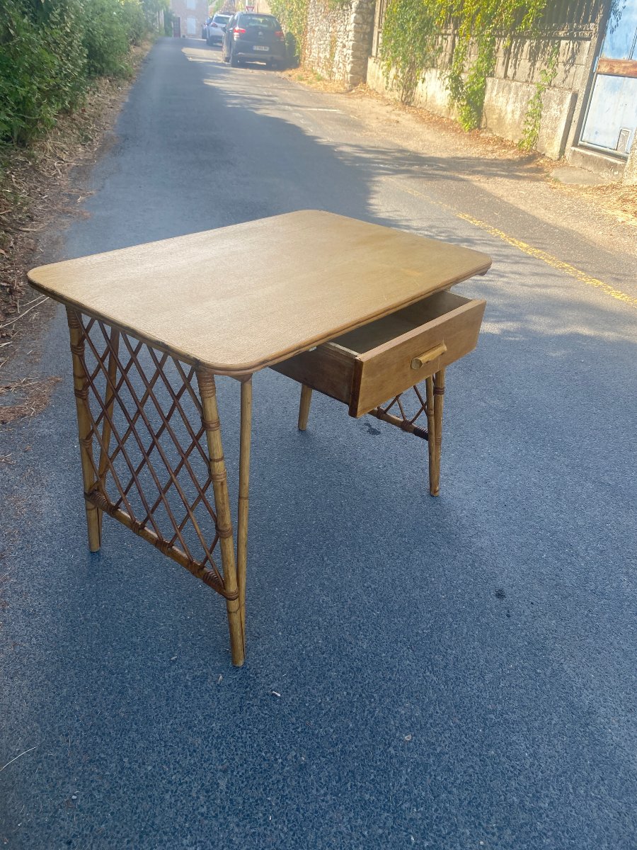 1960s Design: Rattan And Bamboo Desk With A Wooden Top That Opens Via A Drawer -photo-4
