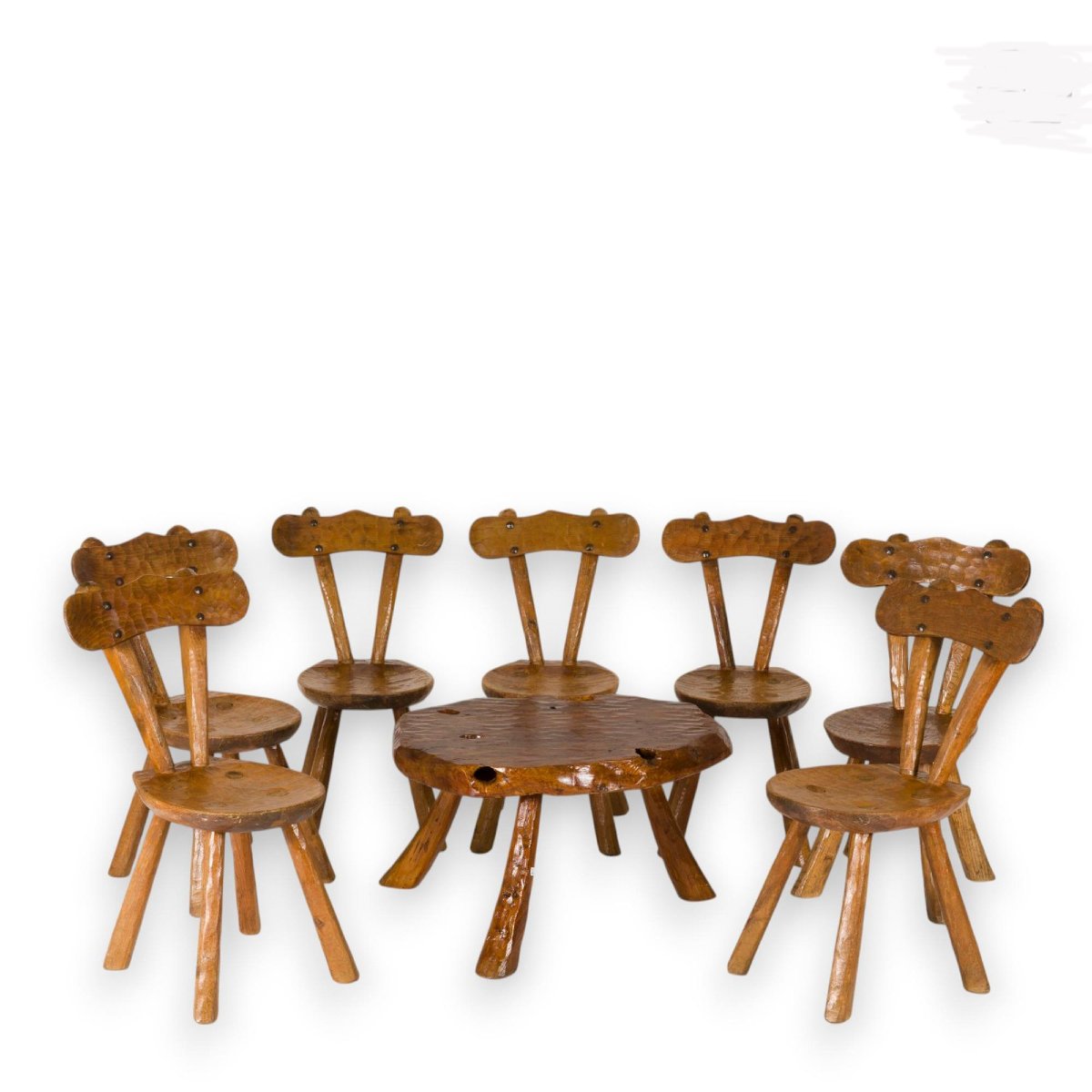 Ensemble de7 chaises et une table basse en bois massif, travaillé à la gouge circa 1950/1960-photo-3