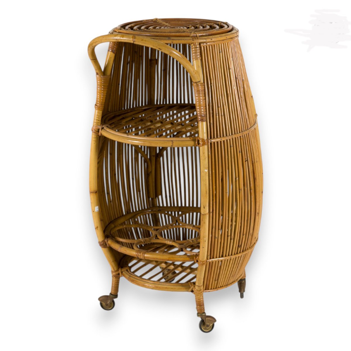 Rolling Rattan Bar Cart With Shelves, Including A Bottle Rack, Circa 1950–1960
