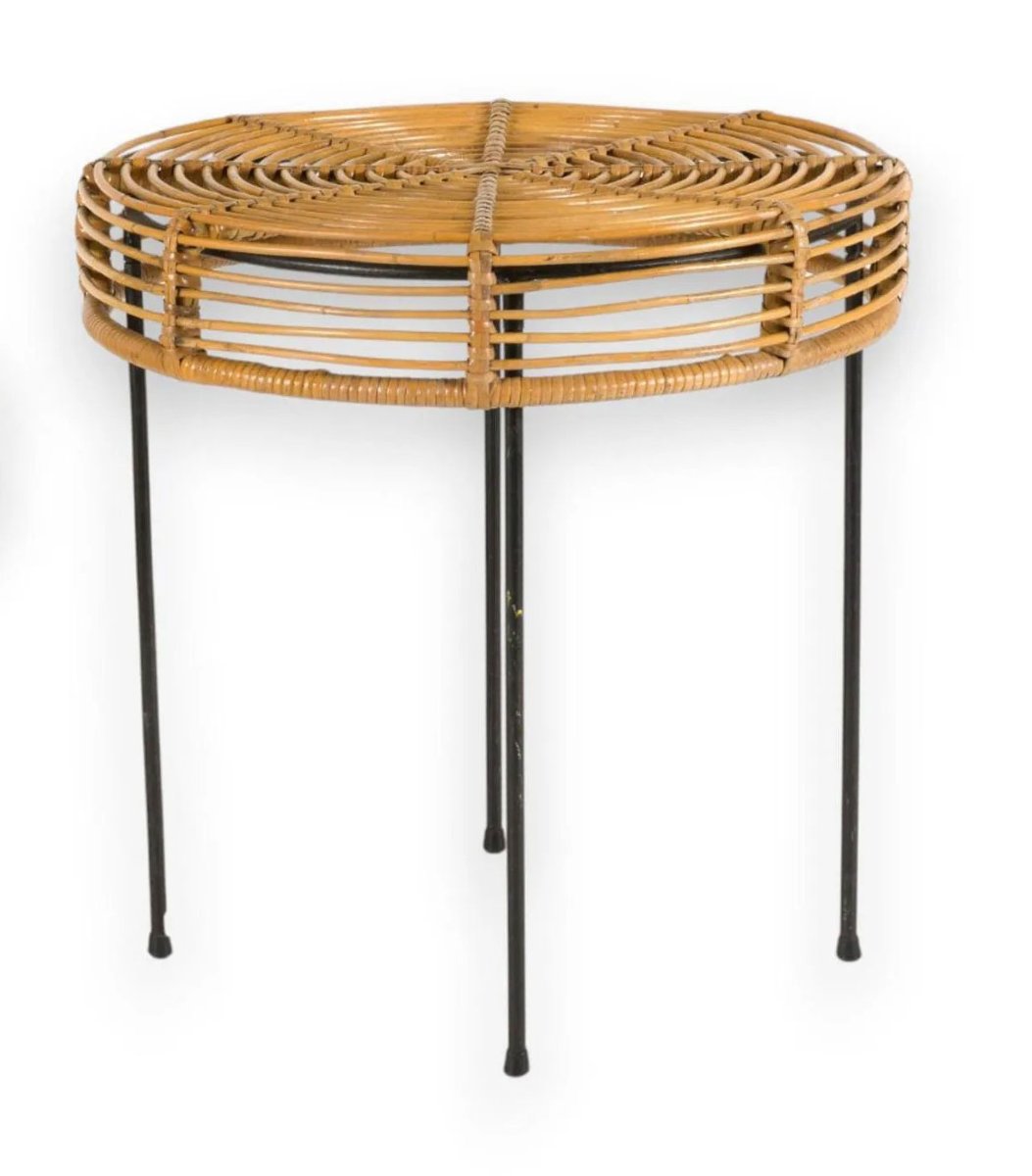  Circular-patterned Rattan Coffee Table On A Metal Base, Circa 1960