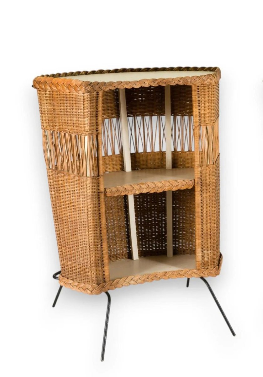 Two-tiered Bar Cart With A Woven Wicker And Metal Base, Circa 1960