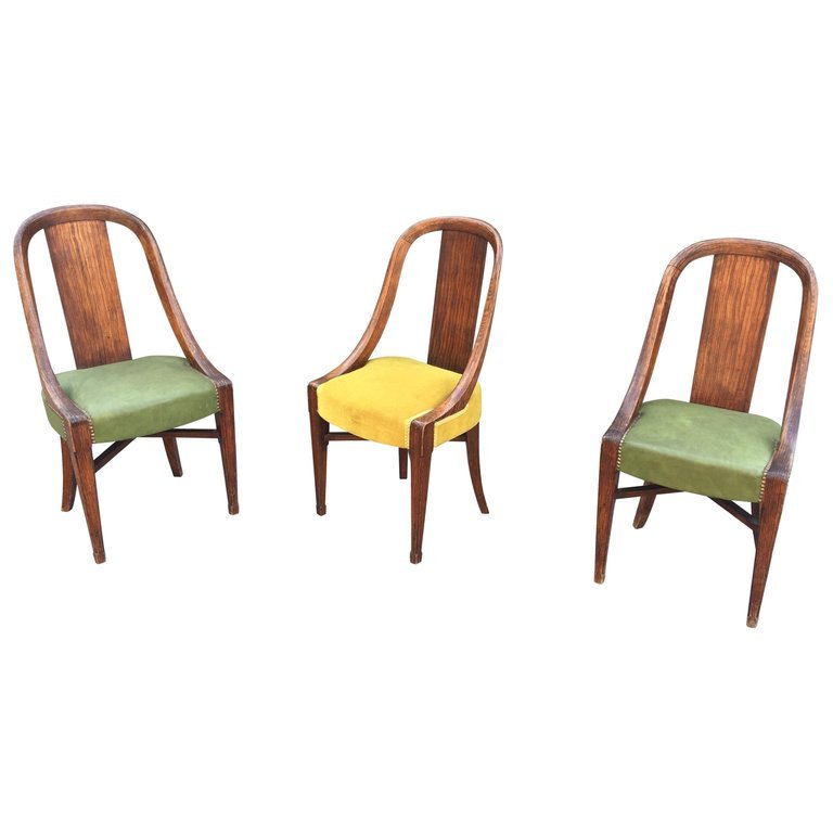 3 originales chaises art deco, circa 1925, decor faux bois 