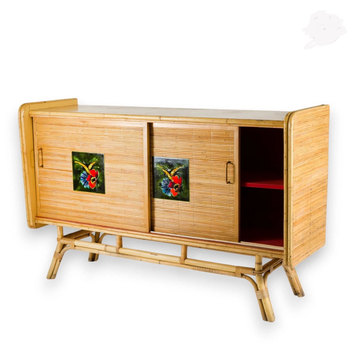 Audoux Minet (dans le style de) buffet en rotin et céramique  circa 1950/1960