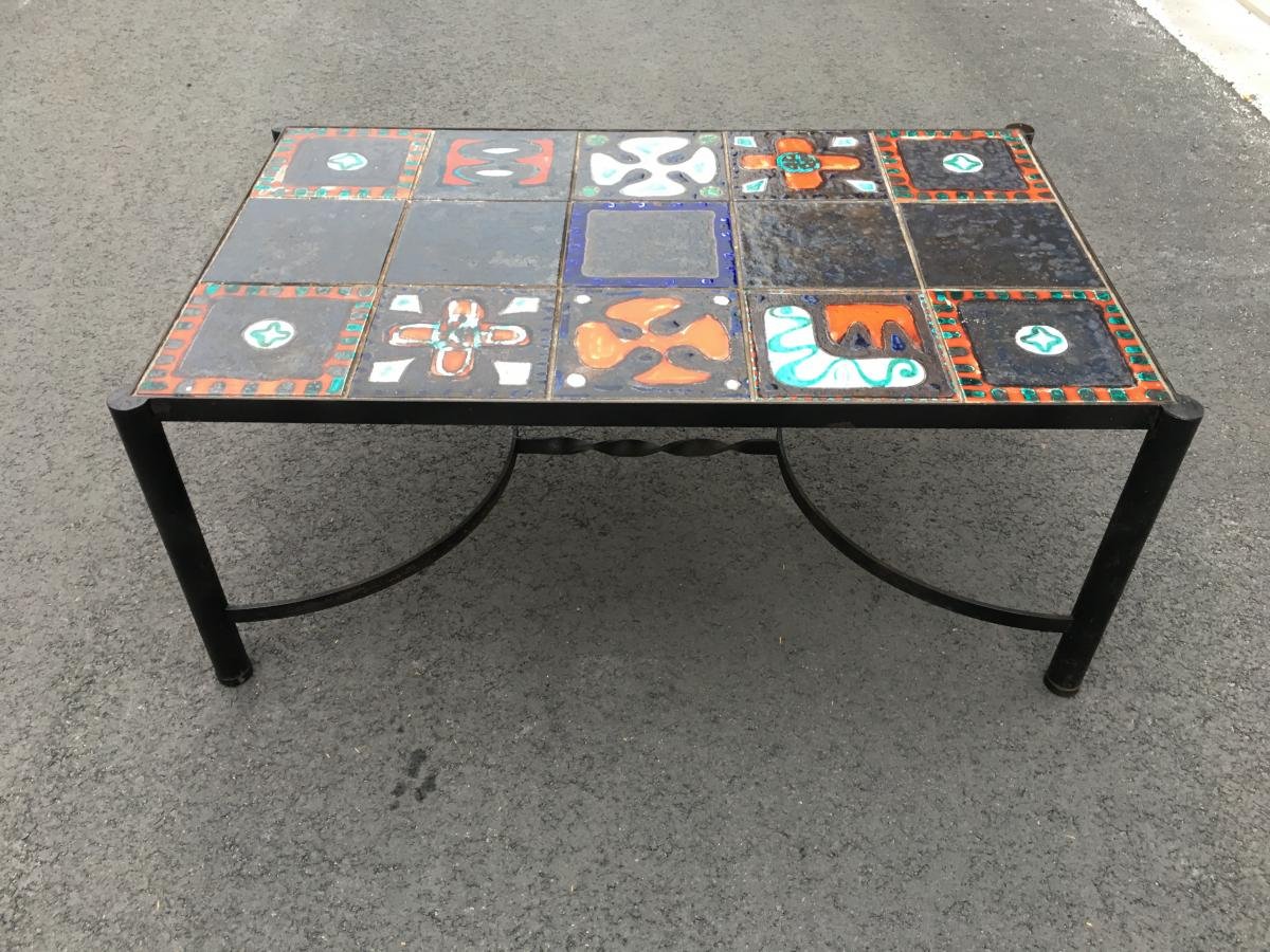 Lacquered Iron And Ceramic Coffee Table In The Style Of Jacques Adnet, Circa 1950-photo-3