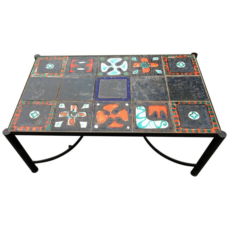 Lacquered Iron And Ceramic Coffee Table In The Style Of Jacques Adnet, Circa 1950-photo-4