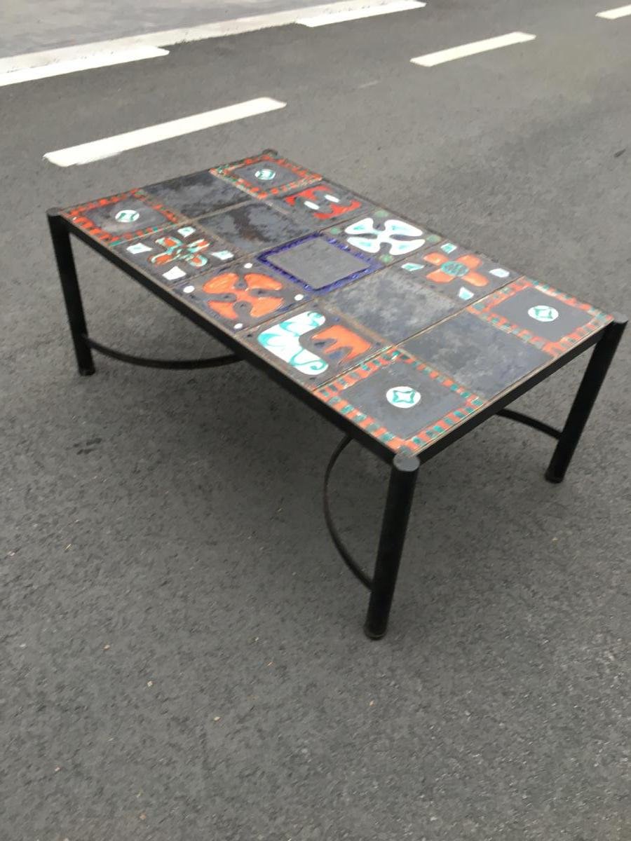 Lacquered Iron And Ceramic Coffee Table In The Style Of Jacques Adnet, Circa 1950