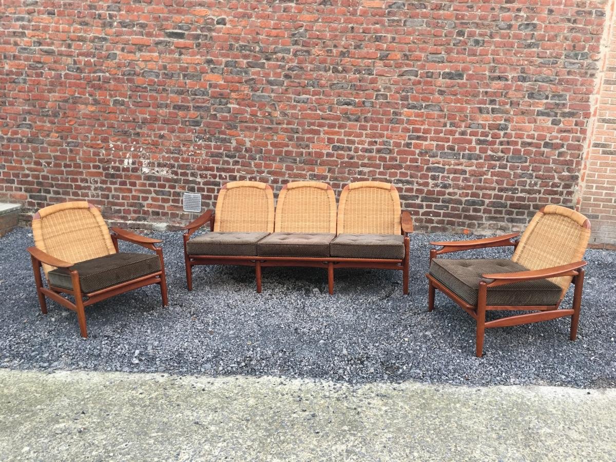 Important salon style Scandinave en teck et rotin, circa 1960/1970 -photo-2