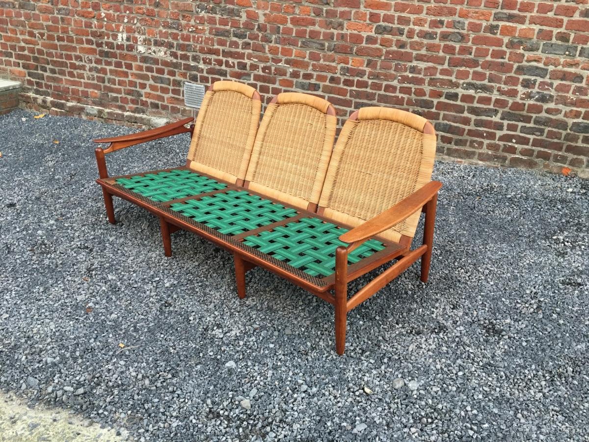 Important salon style Scandinave en teck et rotin, circa 1960/1970 -photo-3