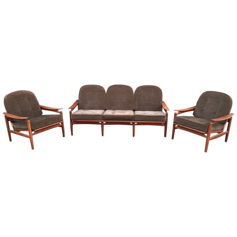 Important salon style Scandinave en teck et rotin, circa 1960/1970 