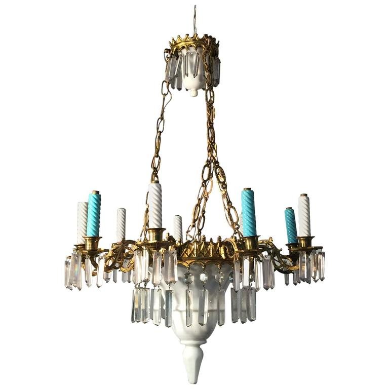 1900s Chandelier, Made Of Ceramic, Crystal, And Brass, With Faux Candles In Colored Glass. -photo-3