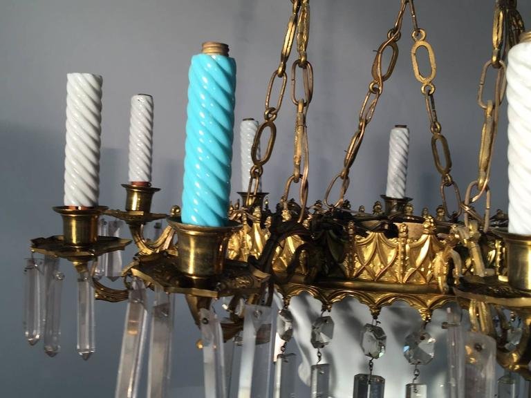 1900s Chandelier, Made Of Ceramic, Crystal, And Brass, With Faux Candles In Colored Glass. -photo-4