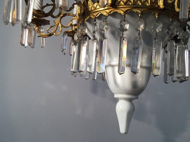 1900s Chandelier, Made Of Ceramic, Crystal, And Brass, With Faux Candles In Colored Glass. -photo-1