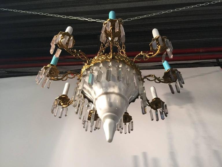 1900s Chandelier, Made Of Ceramic, Crystal, And Brass, With Faux Candles In Colored Glass. -photo-2