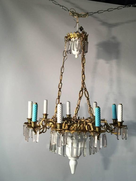 1900s Chandelier, Made Of Ceramic, Crystal, And Brass, With Faux Candles In Colored Glass. 