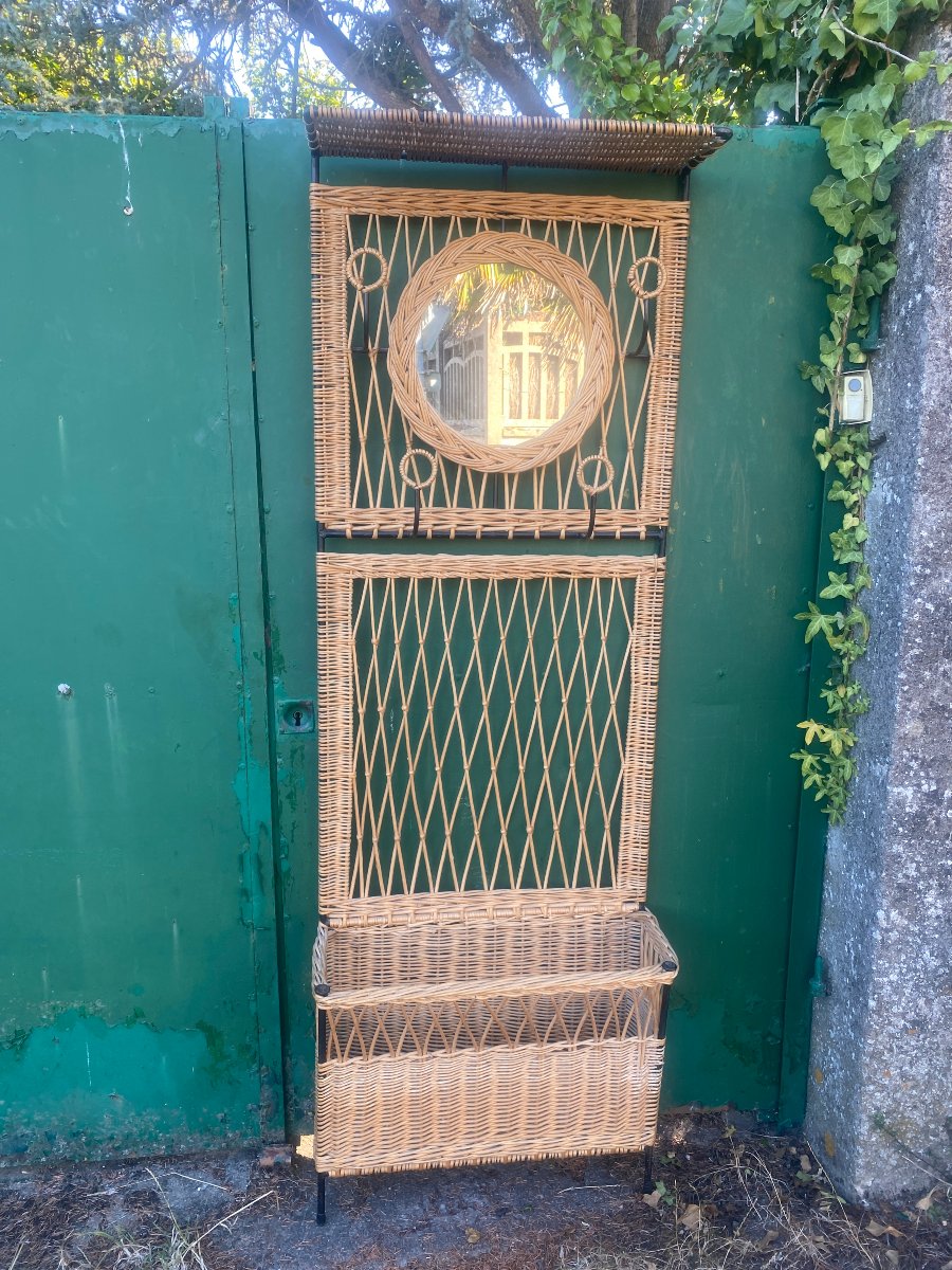 Portemanteau, vestiaire en rotin et fer forgé circa 1950/1960-photo-4