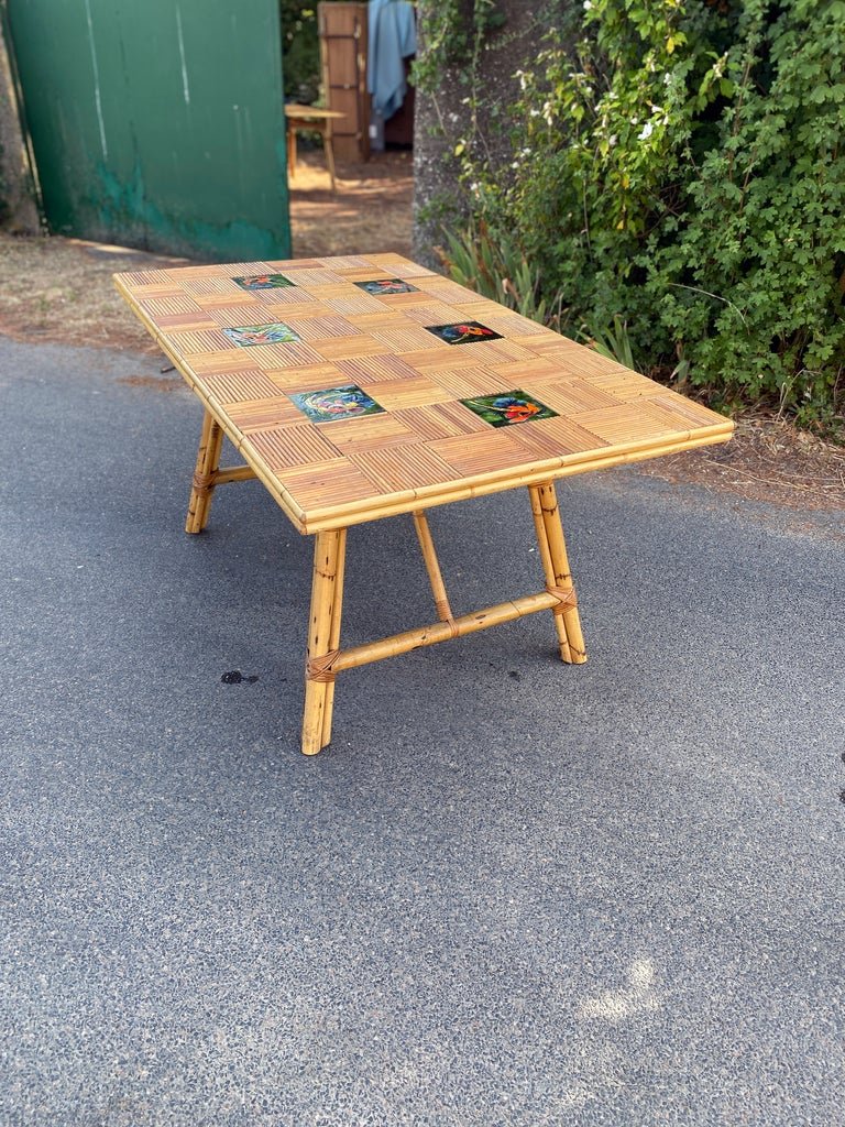 Adrien Audoux et Frida Minet, grande Table,en bambou et céramique Circa 1960/1970-photo-2