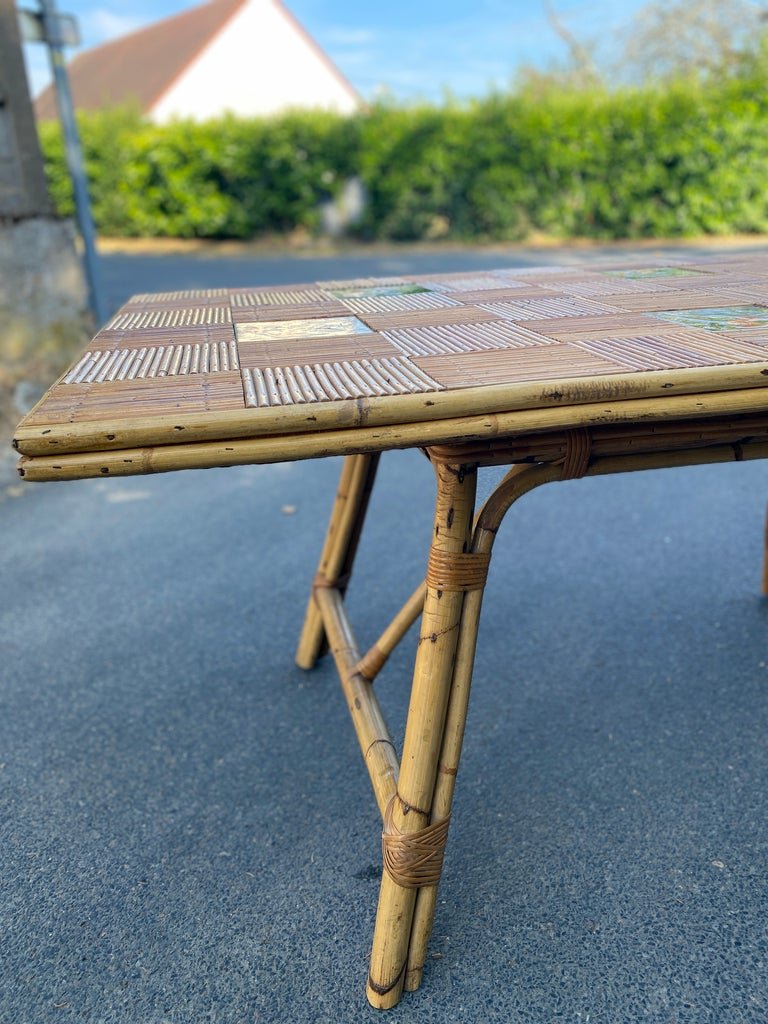 Adrien Audoux et Frida Minet, grande Table,en bambou et céramique Circa 1960/1970-photo-4