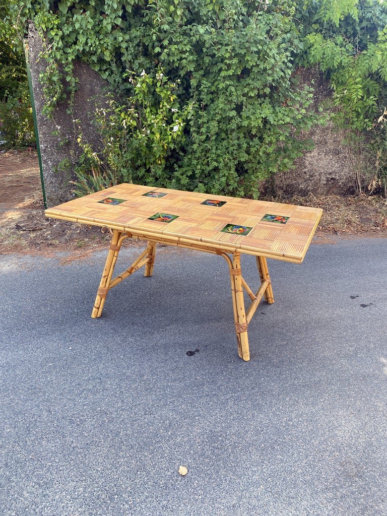 Adrien Audoux et Frida Minet, grande Table,en bambou et céramique Circa 1960/1970-photo-1
